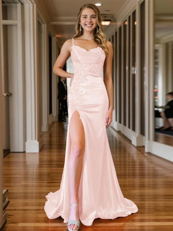 Trumpet/Mermaid Spaghetti Straps V-Neck Sleeveless Floor-length Long Evening Dresses with Split Side