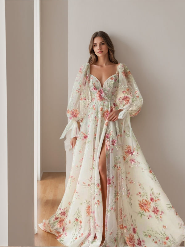 A-Line/Princess Sweetheart Long Sleeves Floor-Length  Prom Dresses with Embroidery