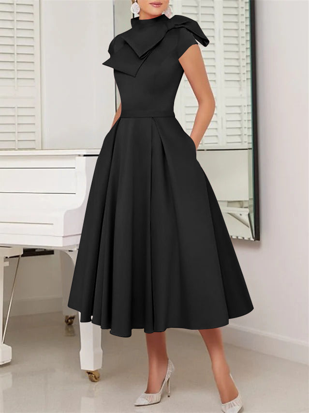A-Line/Princess High Neck Short Sleeves Tea-Length Cocktail Dresses