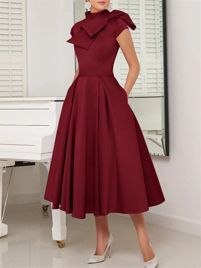 A-Line/Princess High Neck Short Sleeves Tea-Length Cocktail Dresses