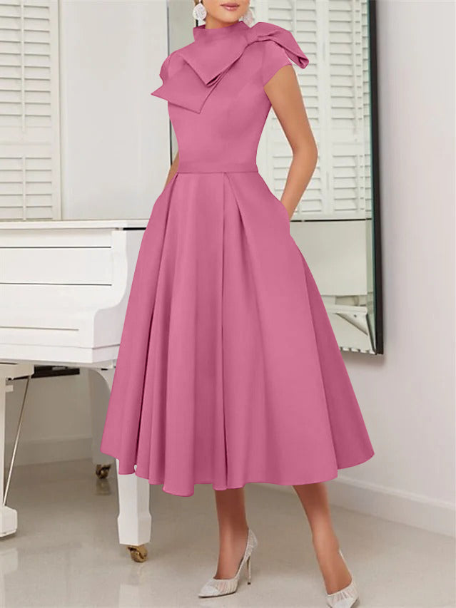A-Line/Princess High Neck Short Sleeves Tea-Length Cocktail Dresses Fuchsia