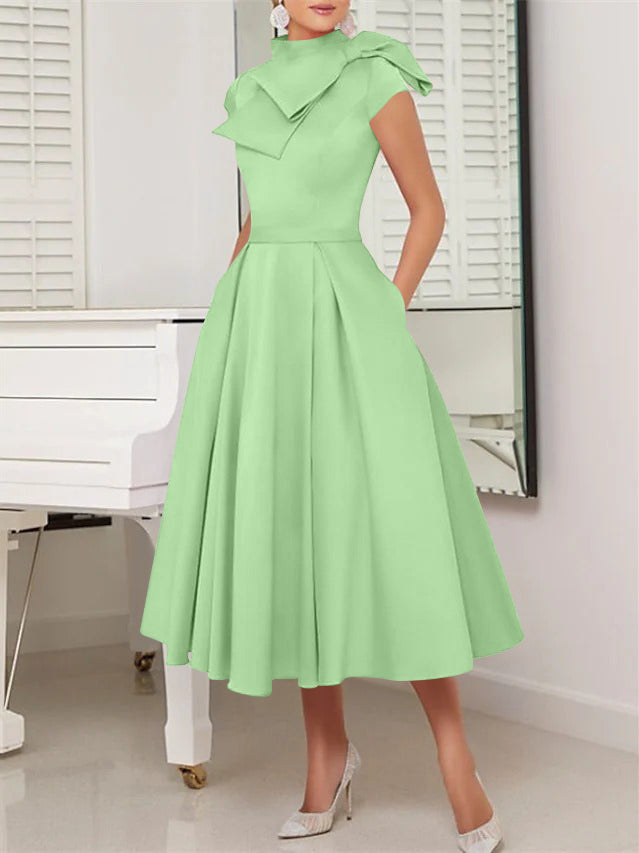 A-Line/Princess High Neck Short Sleeves Tea-Length Cocktail Dresses