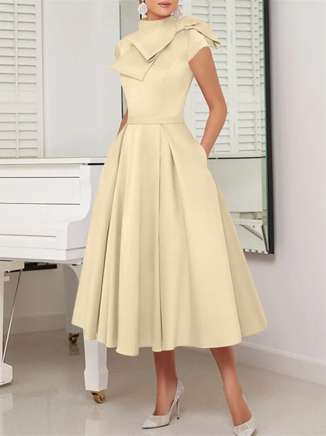 A-Line/Princess High Neck Short Sleeves Tea-Length Cocktail Dresses