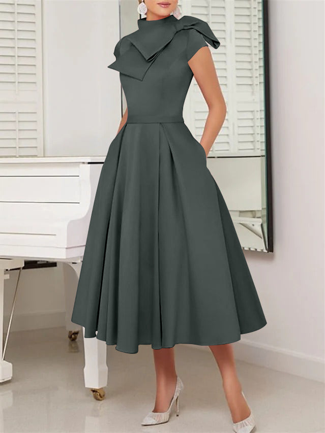 A-Line/Princess High Neck Short Sleeves Tea-Length Cocktail Dresses