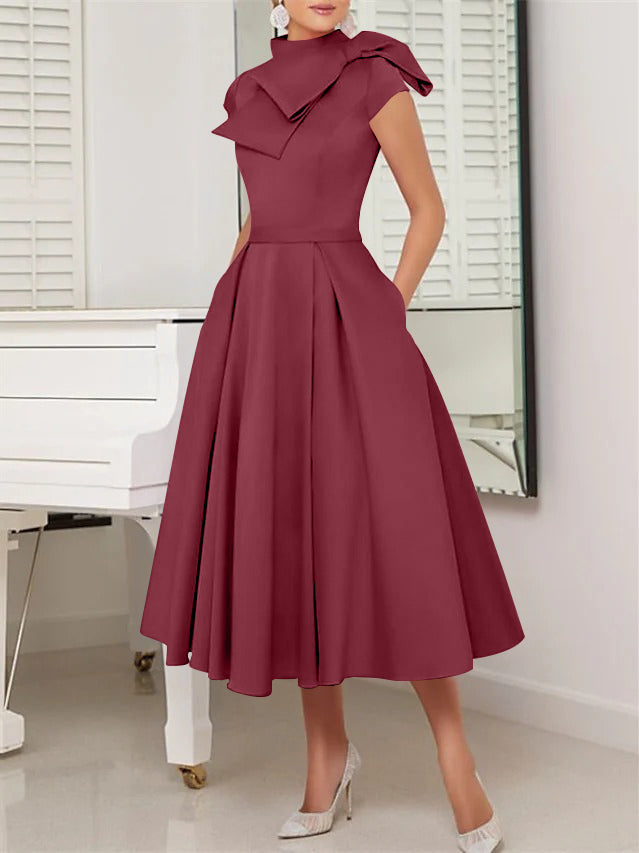 A-Line/Princess High Neck Short Sleeves Tea-Length Cocktail Dresses