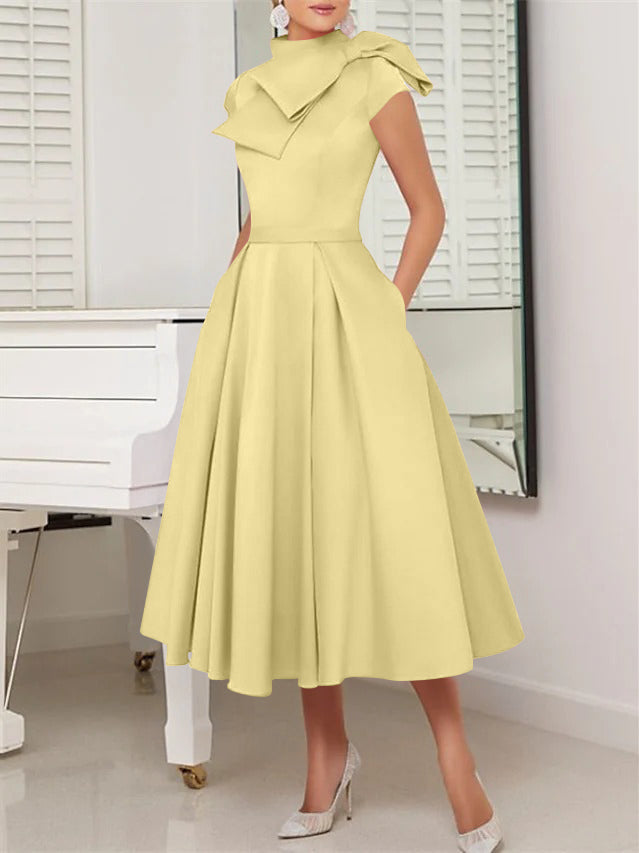 A-Line/Princess High Neck Short Sleeves Tea-Length Cocktail Dresses