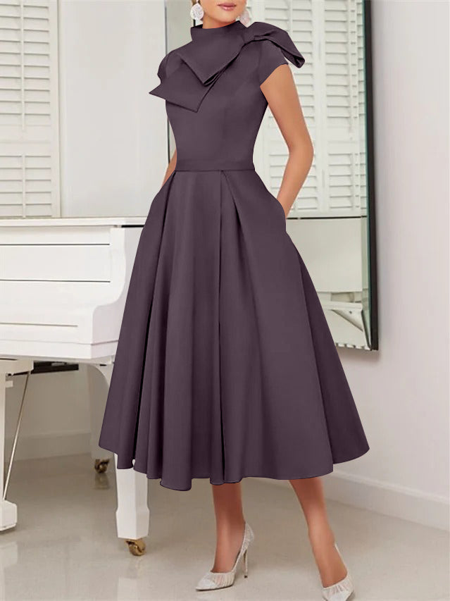A-Line/Princess High Neck Short Sleeves Tea-Length Cocktail Dresses