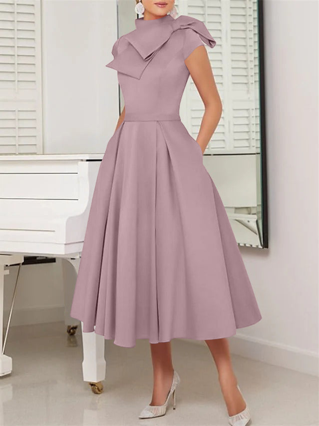 A-Line/Princess High Neck Short Sleeves Tea-Length Cocktail Dresses
