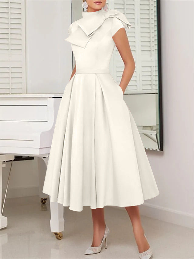A-Line/Princess High Neck Short Sleeves Tea-Length Cocktail Dresses