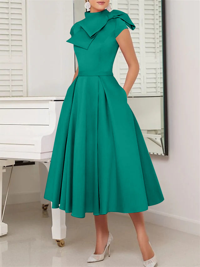 A-Line/Princess High Neck Short Sleeves Tea-Length Cocktail Dresses