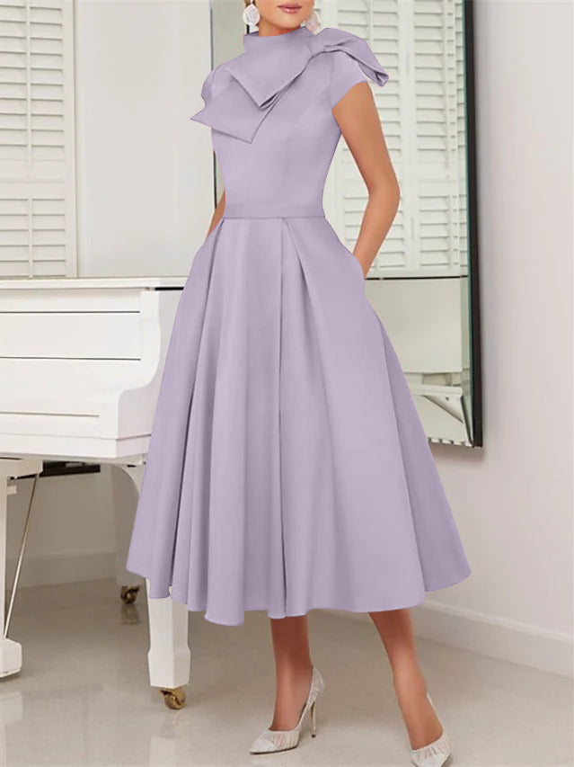 A-Line/Princess High Neck Short Sleeves Tea-Length Cocktail Dresses