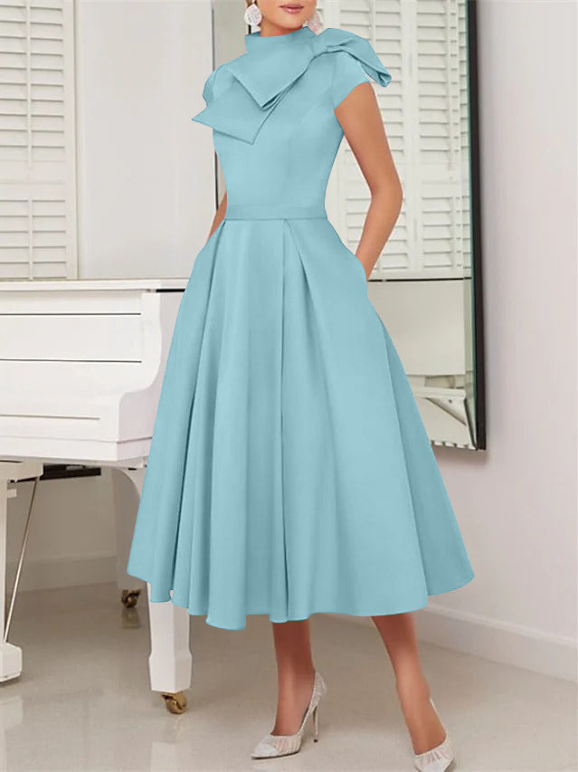 A-Line/Princess High Neck Short Sleeves Tea-Length Cocktail Dresses
