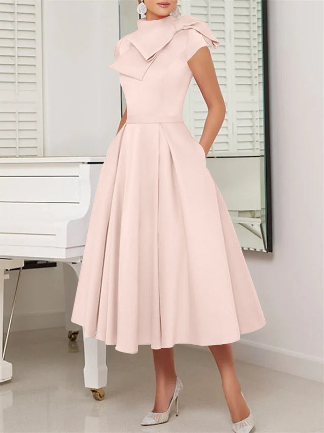 A-Line/Princess High Neck Short Sleeves Tea-Length Cocktail Dresses