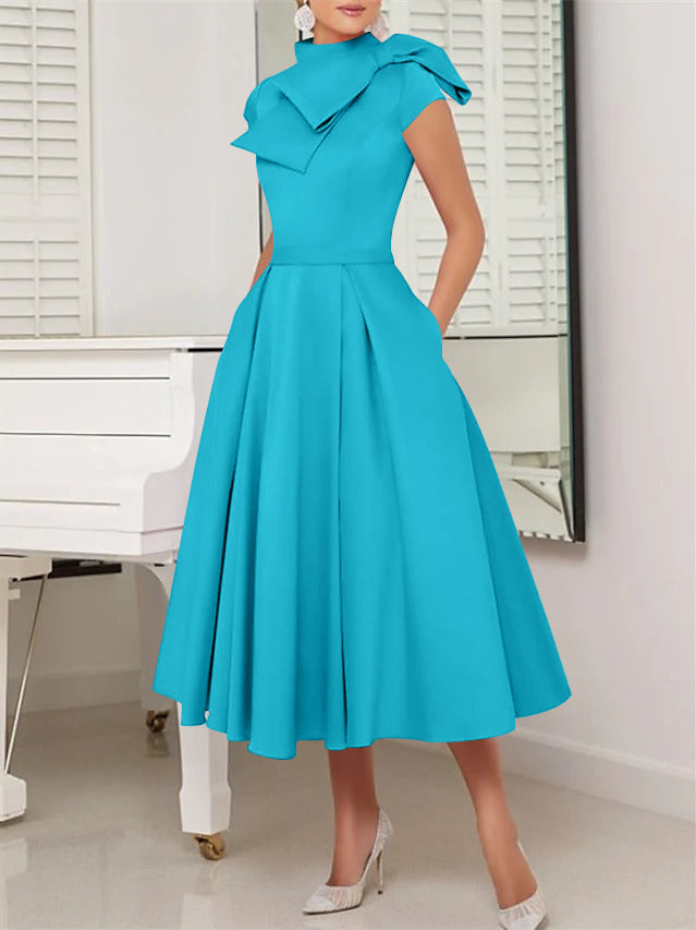 A-Line/Princess High Neck Short Sleeves Tea-Length Cocktail Dresses
