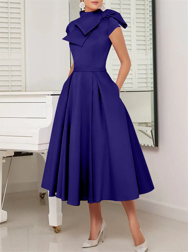 A-Line/Princess High Neck Short Sleeves Tea-Length Cocktail Dresses