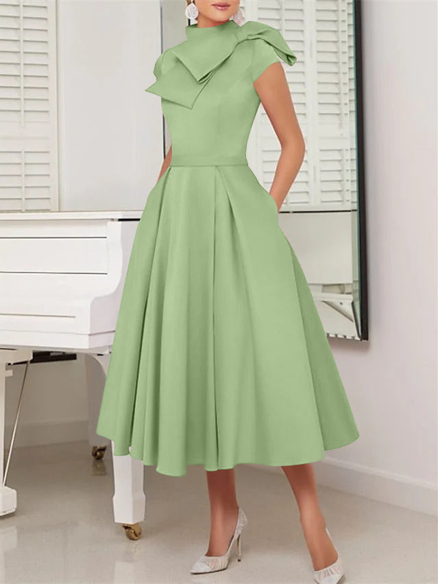 A-Line/Princess High Neck Short Sleeves Tea-Length Cocktail Dresses