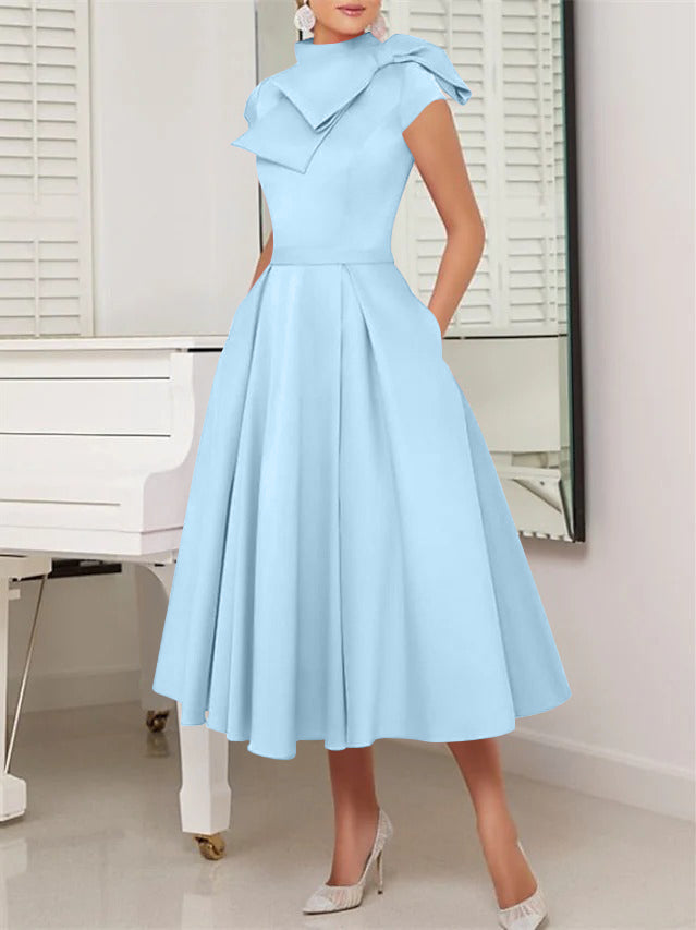 A-Line/Princess High Neck Short Sleeves Tea-Length Cocktail Dresses