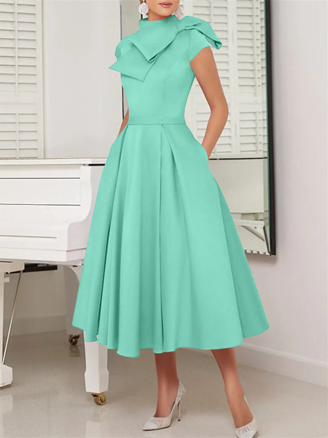 A-Line/Princess High Neck Short Sleeves Tea-Length Cocktail Dresses