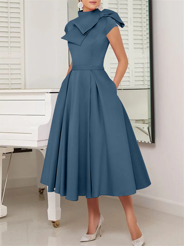 A-Line/Princess High Neck Short Sleeves Tea-Length Cocktail Dresses