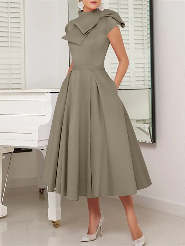 A-Line/Princess High Neck Short Sleeves Tea-Length Cocktail Dresses