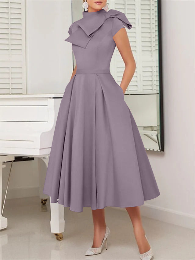 A-Line/Princess High Neck Short Sleeves Tea-Length Cocktail Dresses