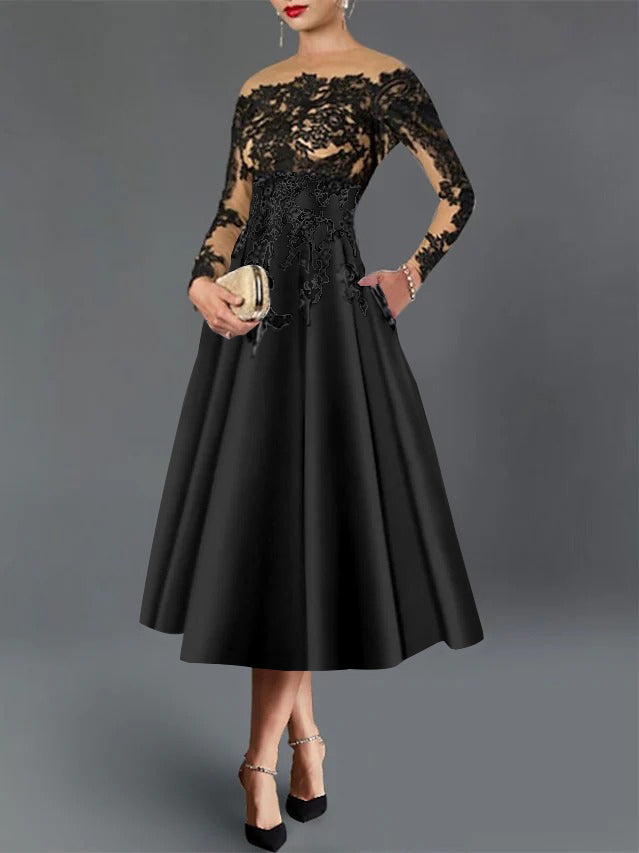 A-Line/Princess Illusion Neck Cocktail Dresses Long Sleeves Tea-Length  Satin Lace with Pleated
