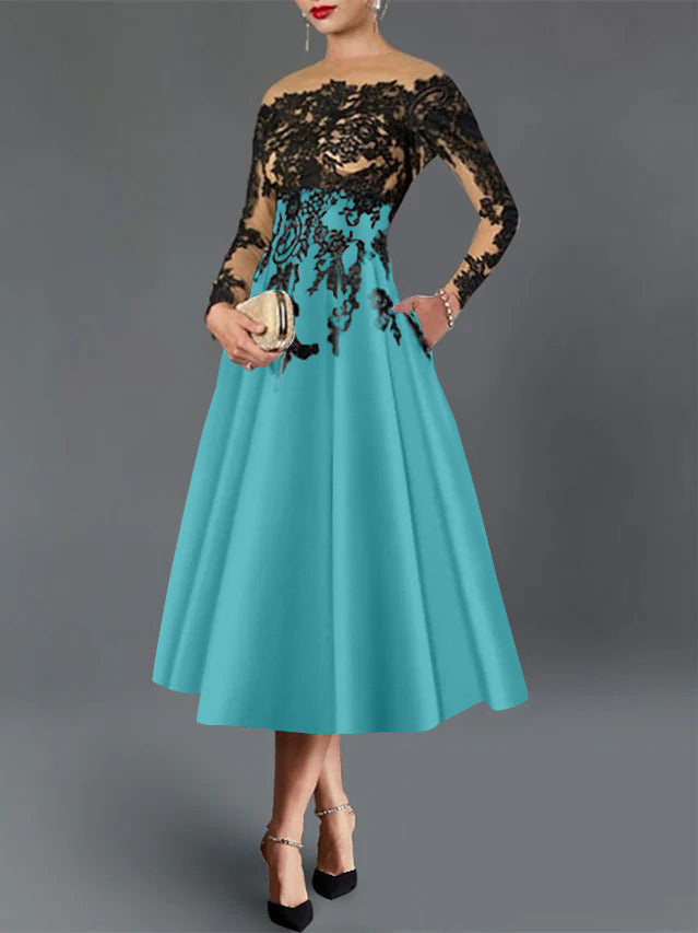 A-Line/Princess Illusion Neck Cocktail Dresses Long Sleeves Tea-Length  Satin Lace with Pleated