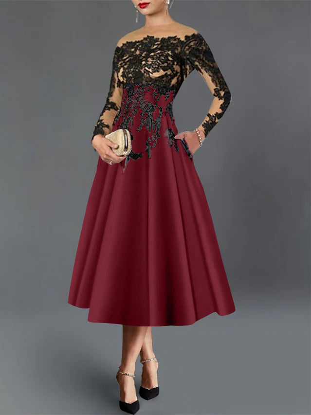 A-Line/Princess Illusion Neck Cocktail Dresses Long Sleeves Tea-Length  Satin Lace with Pleated