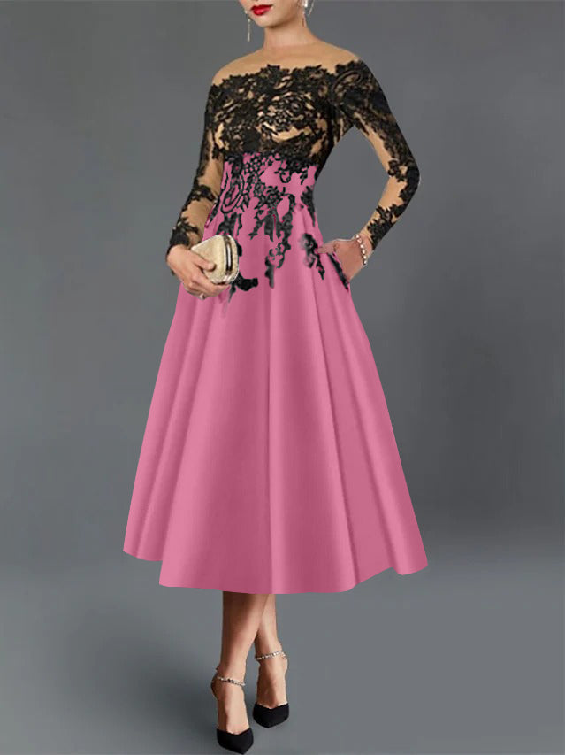 A-Line/Princess Illusion Neck Cocktail Dresses Long Sleeves Tea-Length  Satin Lace with Pleated