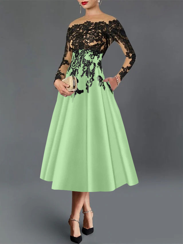 A-Line/Princess Illusion Neck Cocktail Dresses Long Sleeves Tea-Length Satin Lace with Pleated Celadon A-Line/Princess Illusion Neck Cocktail Dresses Long Sleeves Tea-Length Satin Lace with Pleated Celadon