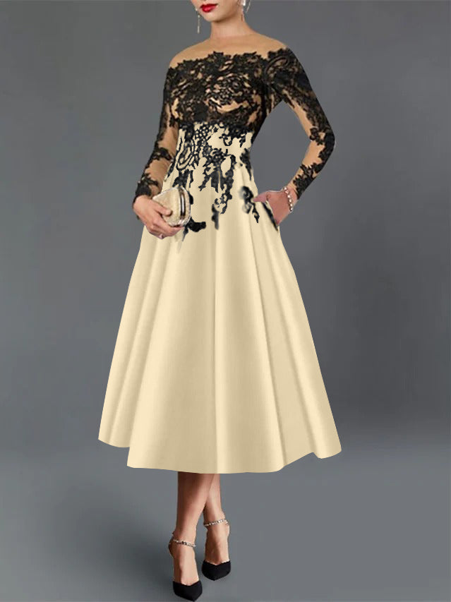 A-Line/Princess Illusion Neck Cocktail Dresses Long Sleeves Tea-Length  Satin Lace with Pleated