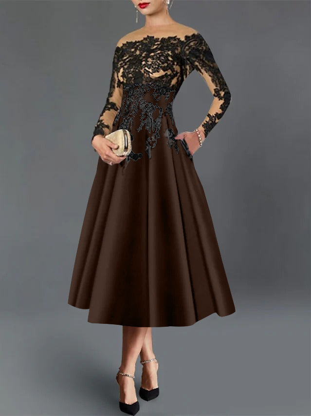 A-Line/Princess Illusion Neck Cocktail Dresses Long Sleeves Tea-Length  Satin Lace with Pleated