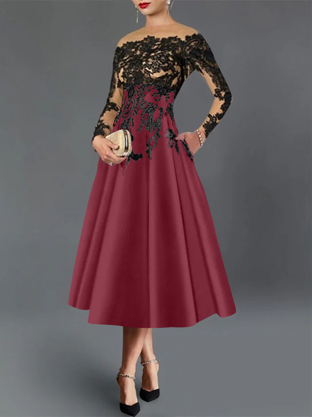 A-Line/Princess Illusion Neck Cocktail Dresses Long Sleeves Tea-Length  Satin Lace with Pleated