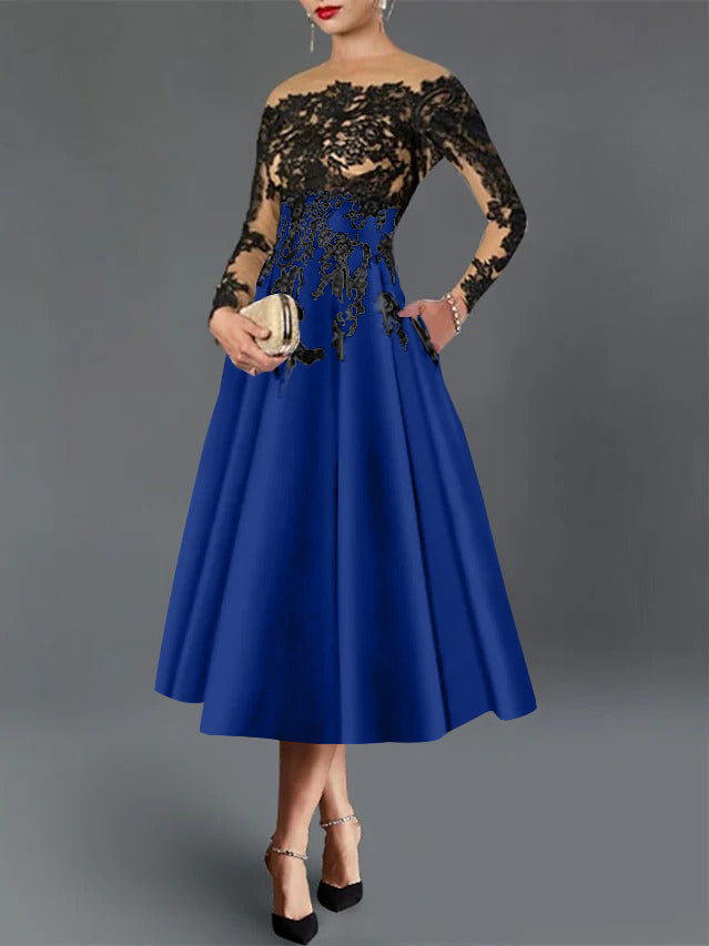 A-Line/Princess Illusion Neck Cocktail Dresses Long Sleeves Tea-Length  Satin Lace with Pleated
