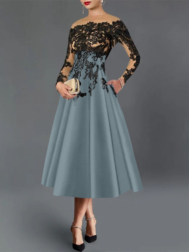 A-Line/Princess Illusion Neck Cocktail Dresses Long Sleeves Tea-Length  Satin Lace with Pleated
