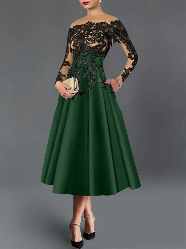 A-Line/Princess Illusion Neck Cocktail Dresses Long Sleeves Tea-Length  Satin Lace with Pleated