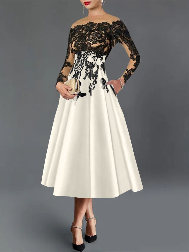 A-Line/Princess Illusion Neck Cocktail Dresses Long Sleeves Tea-Length  Satin Lace with Pleated