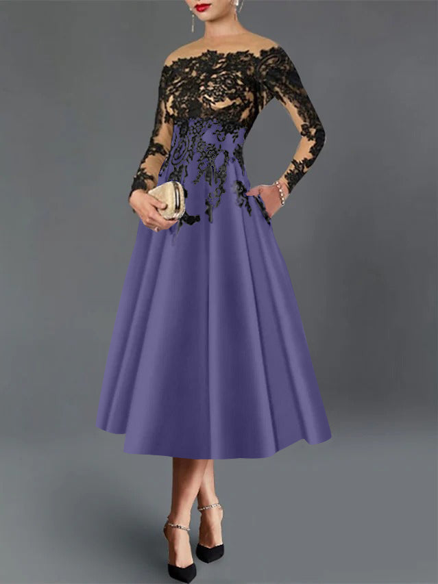 A-Line/Princess Illusion Neck Cocktail Dresses Long Sleeves Tea-Length  Satin Lace with Pleated