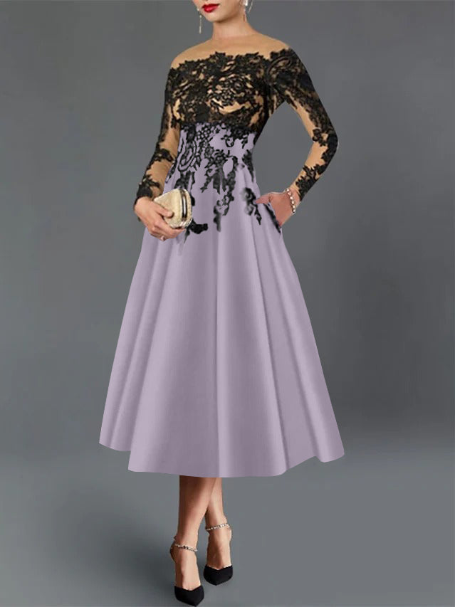 A-Line/Princess Illusion Neck Cocktail Dresses Long Sleeves Tea-Length  Satin Lace with Pleated