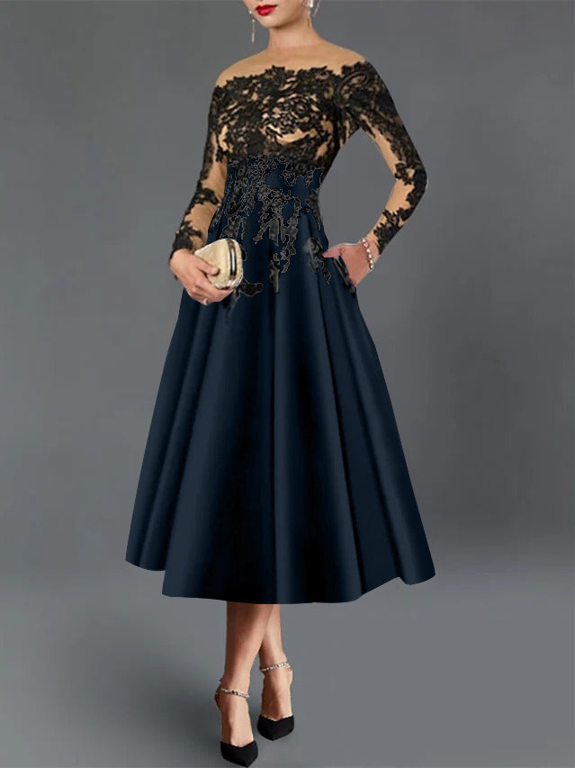 A-Line/Princess Illusion Neck Cocktail Dresses Long Sleeves Tea-Length  Satin Lace with Pleated