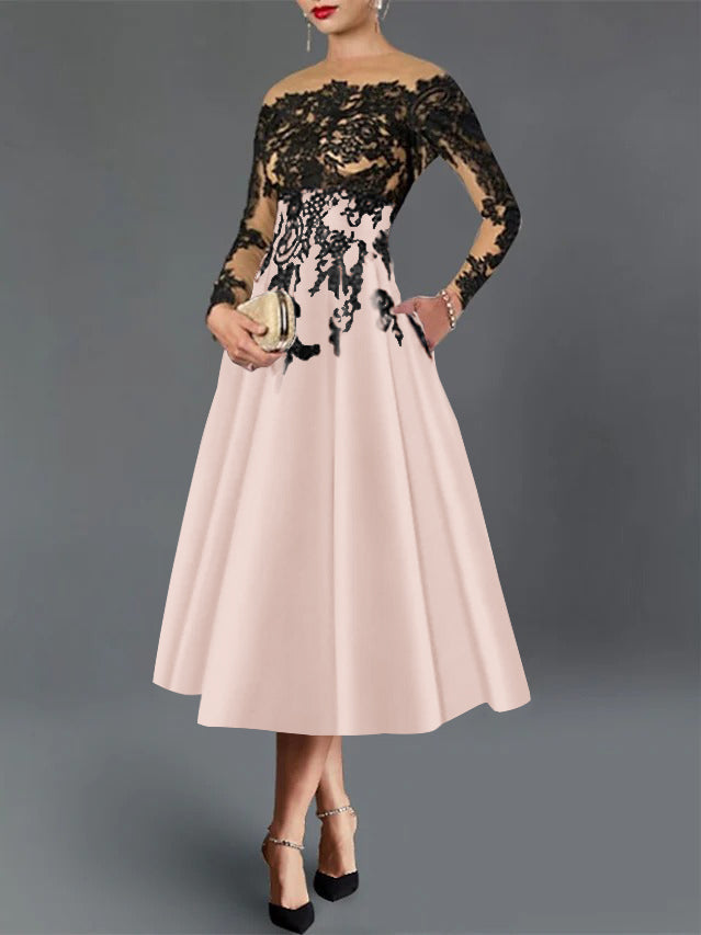 Mondressy Cocktail Dresses Chic Women's A-Line/Princess Illusion Neck Long Sleeves Tea-Length Evening Gowns with Pocket & Appliques, As Pic