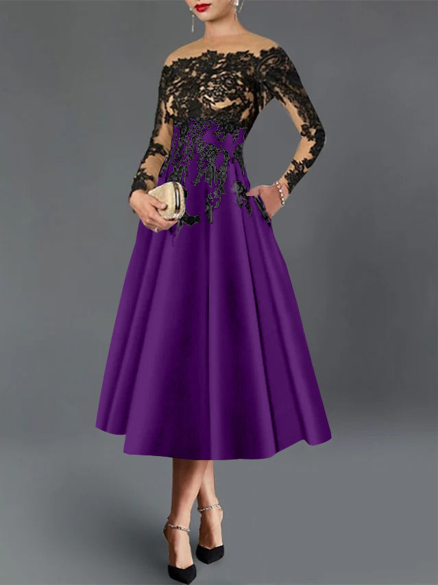 A-Line/Princess Illusion Neck Cocktail Dresses Long Sleeves Tea-Length  Satin Lace with Pleated