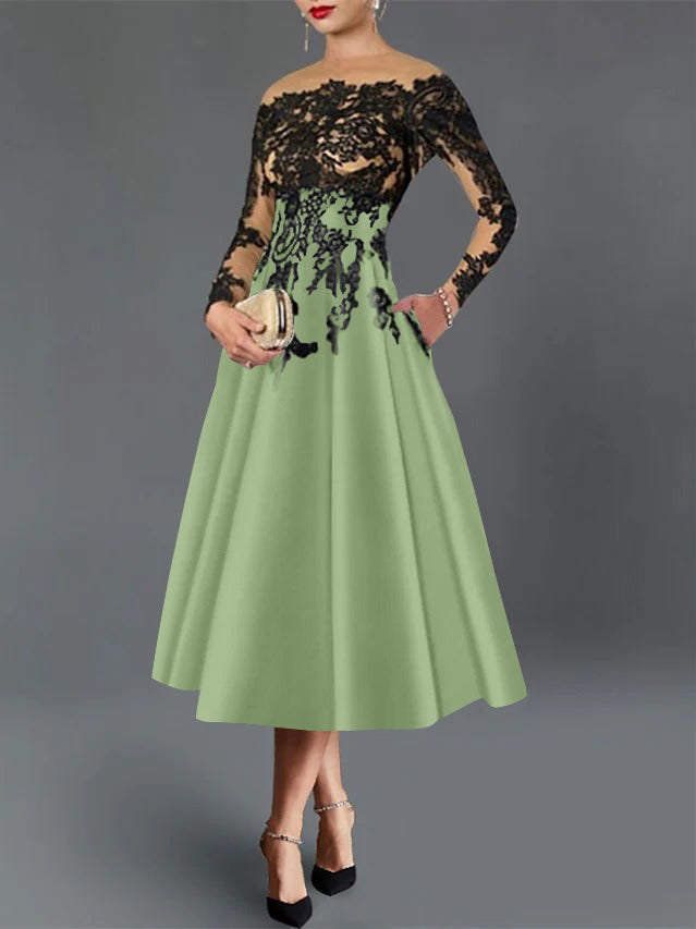 A-Line/Princess Illusion Neck Cocktail Dresses Long Sleeves Tea-Length  Satin Lace with Pleated