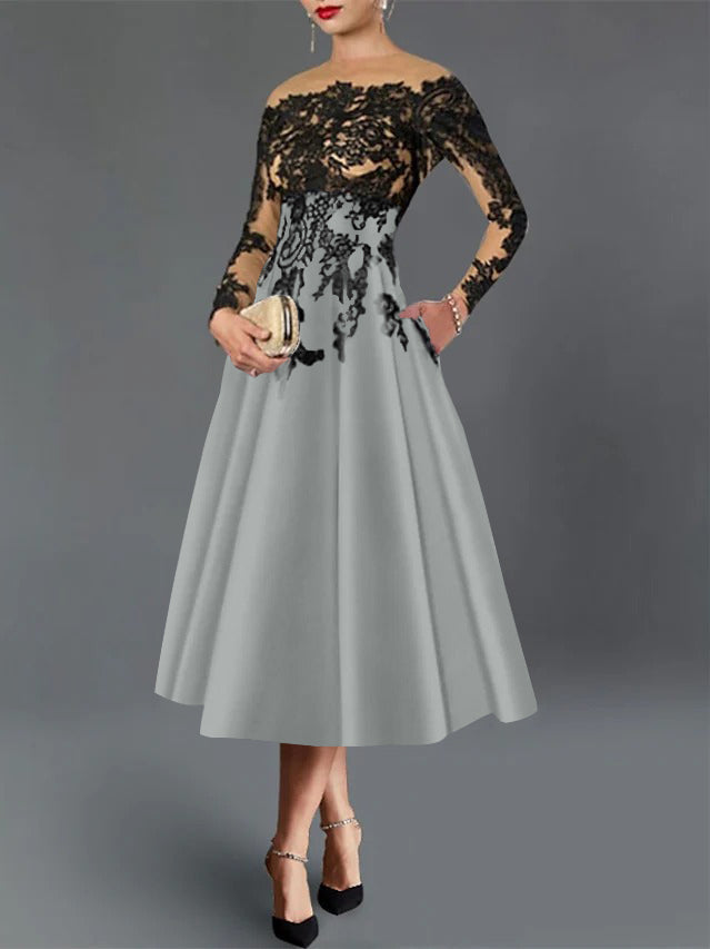 A-Line/Princess Illusion Neck Cocktail Dresses Long Sleeves Tea-Length  Satin Lace with Pleated