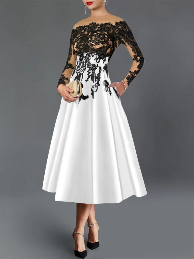 A-Line/Princess Illusion Neck Cocktail Dresses Long Sleeves Tea-Length  Satin Lace with Pleated