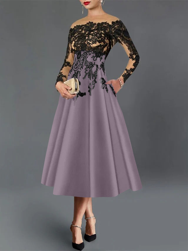A-Line/Princess Illusion Neck Cocktail Dresses Long Sleeves Tea-Length  Satin Lace with Pleated