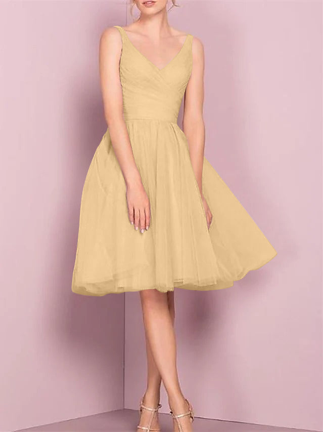 A-Line/Princess V Neck Sleeveless Tea-Length Cocktail Dresses with Pleats