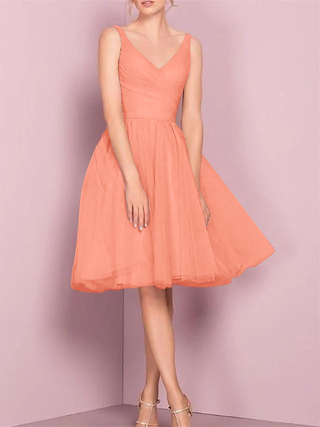 A-Line/Princess V Neck Sleeveless Tea-Length Cocktail Dresses with Pleats