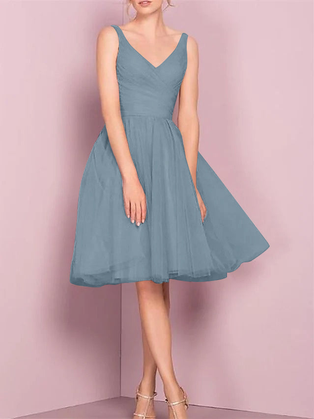 A-Line/Princess V Neck Sleeveless Tea-Length Cocktail Dresses with Pleats
