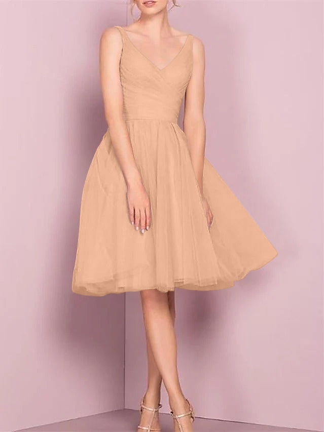 A-Line/Princess V Neck Sleeveless Tea-Length Cocktail Dresses with Pleats